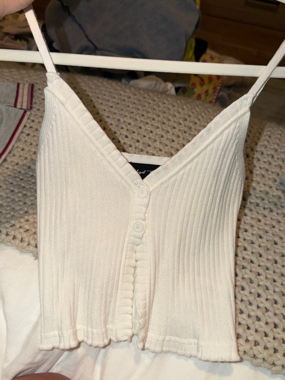 Cream Ribbed Button-Front Spaghetti Strap Tank Top